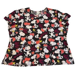 Peanuts Women’s Snoopy Woodstock Hearts “Good Vibes” Scrub Top Pockets Size 3XL